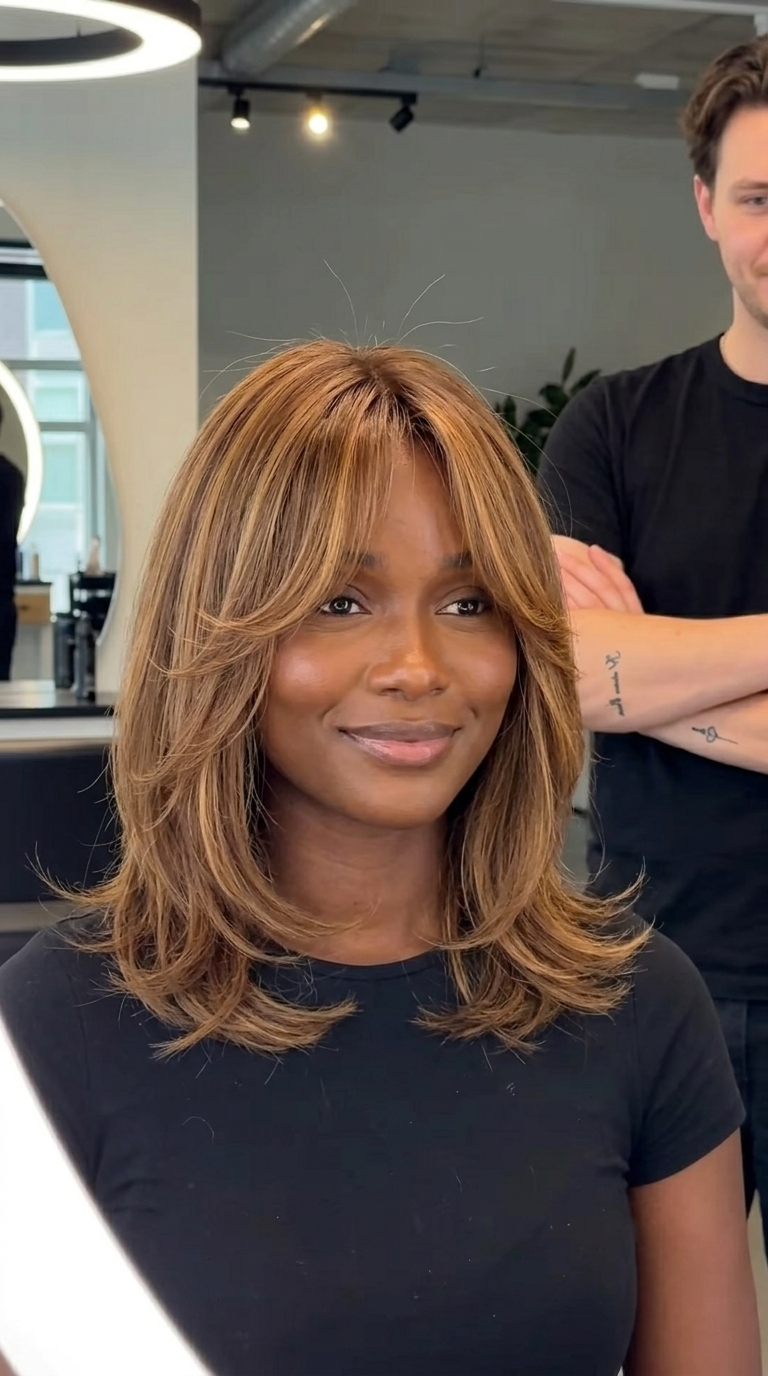 shoulder-length caramel brunette butterfly bob with honey babylights and curtain bangs, soft layers — retro, chic