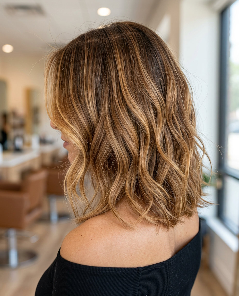 Caramel Honey Lob Ombre 2026 collarbone-length lob ombre with caramel honey blonde, brunette root, internal layers, chin-length face frame — effortless casual day