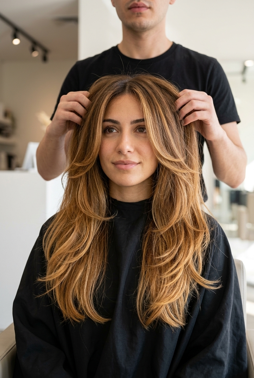 long caramel honey blonde butterfly haircut with face-framing balayage, soft C-shaped layers — romantic, warm