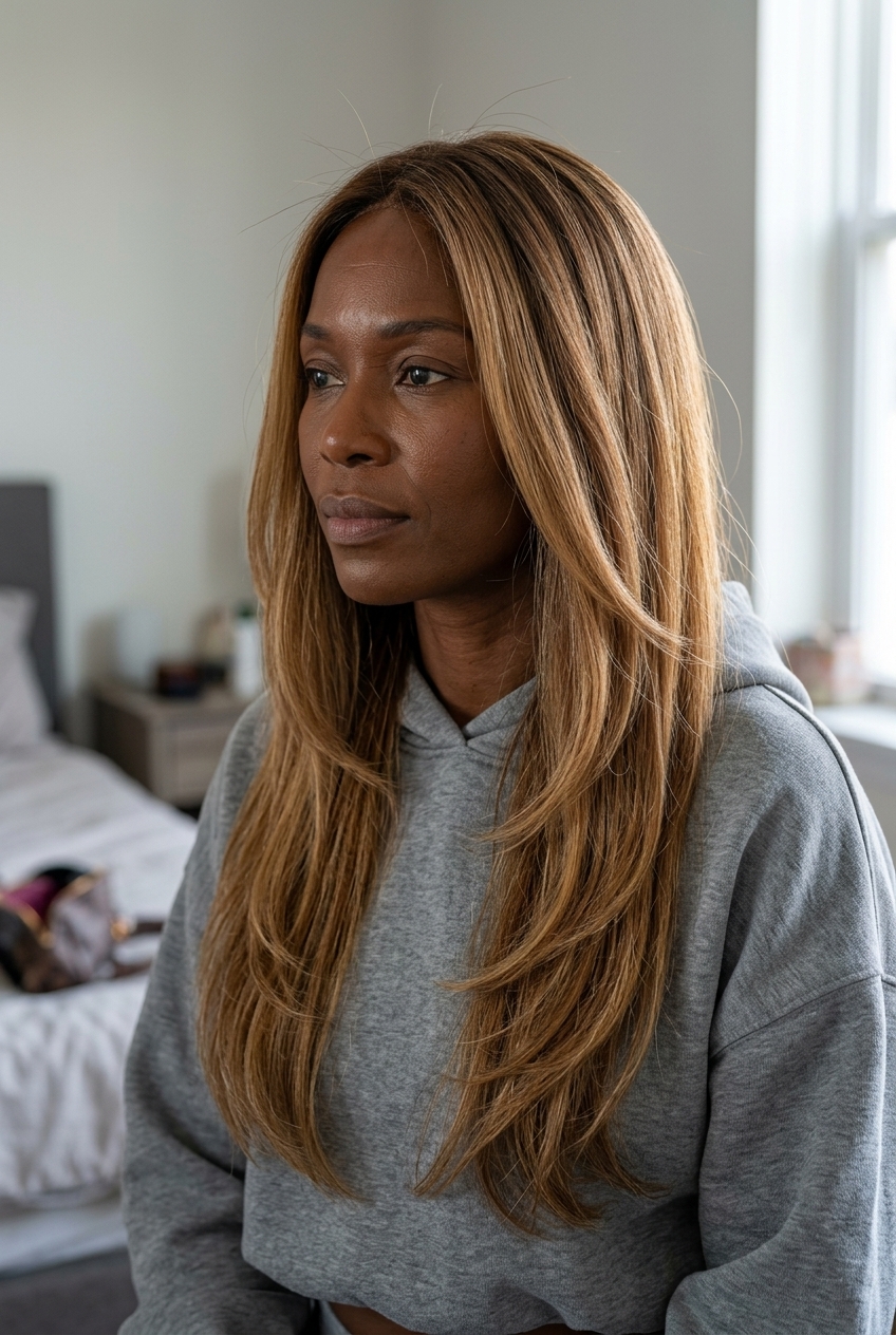 long flowing haircut with warm caramel and honey blonde ombré for summer