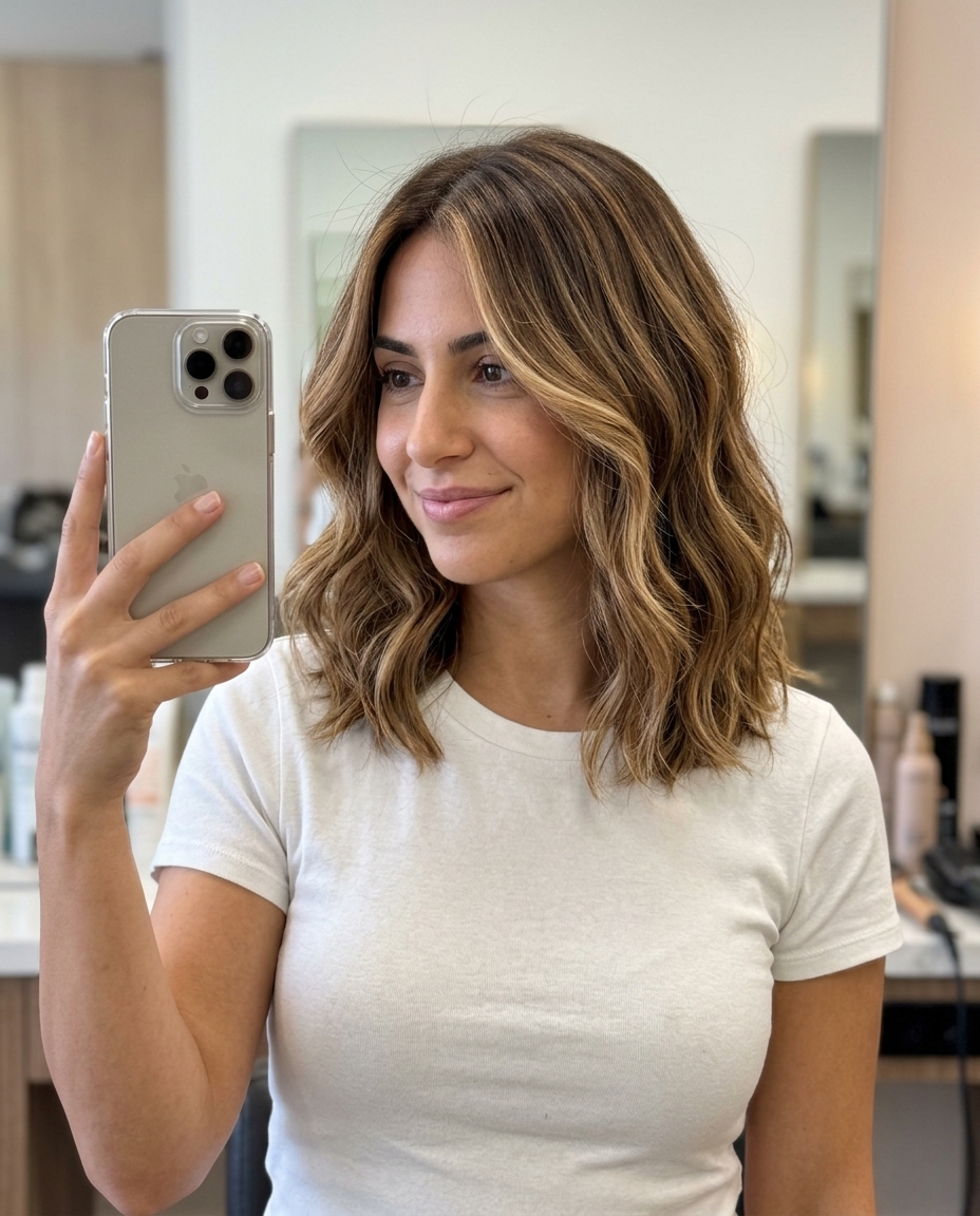 Caramel Swirl Lob Haircut 2026 medium lob haircut with caramel honey balayage, long layers, sweeping side fringe for summer
