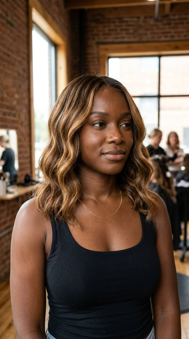 long warm caramel balayage on chocolate brunette with face-framing highlights for summer vacation