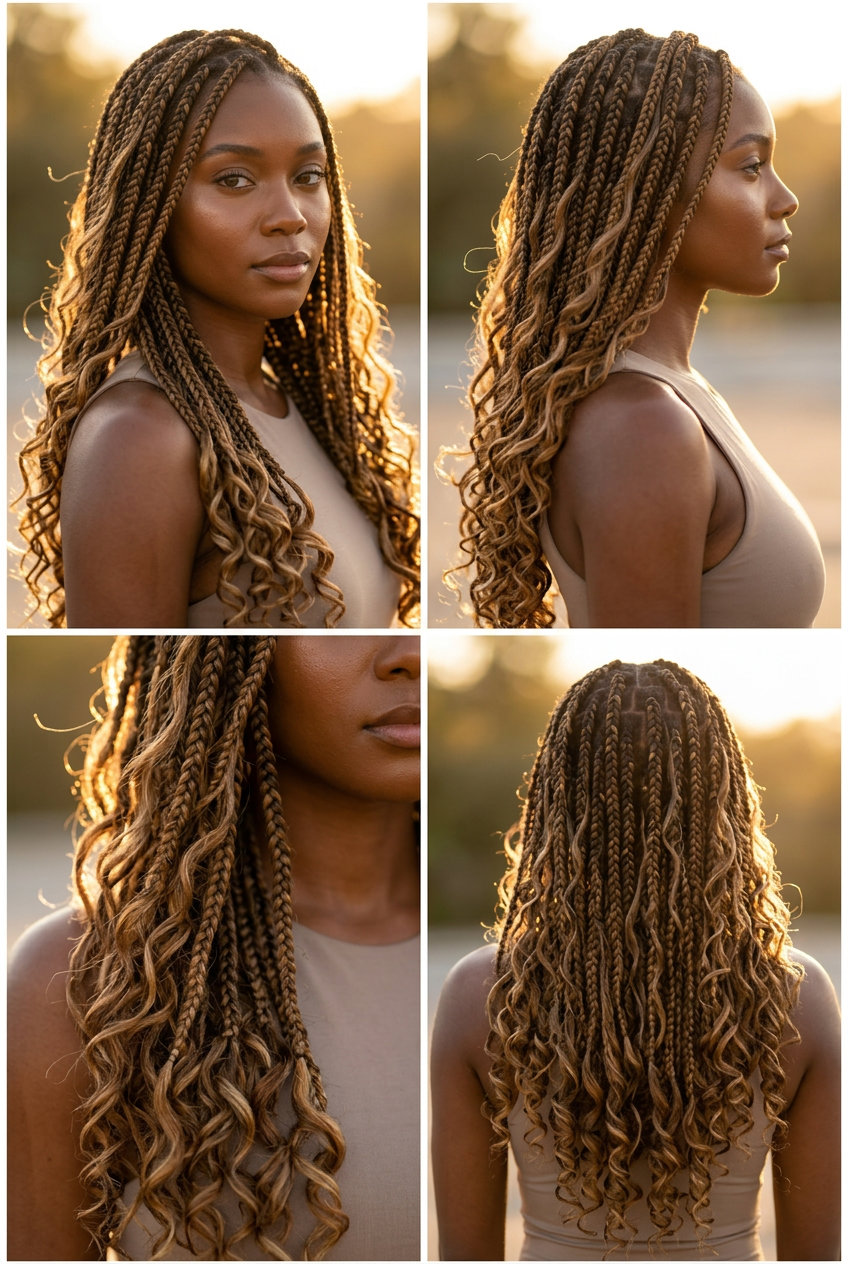 long caramel balayage goddess braids with golden blonde curls, ethereal romantic style
