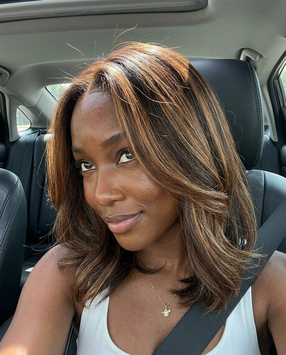 long warm caramel swirl highlights with bronze tones, hand-painted balayage, no fringe — soft weekend brunch