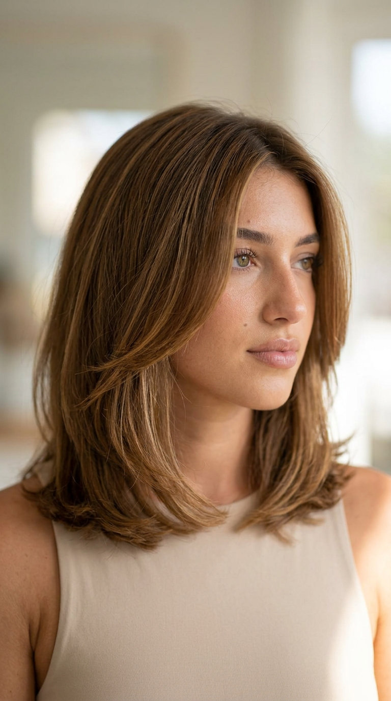 medium caramel butterfly lob with balayage highlights, collarbone length — warm inviting