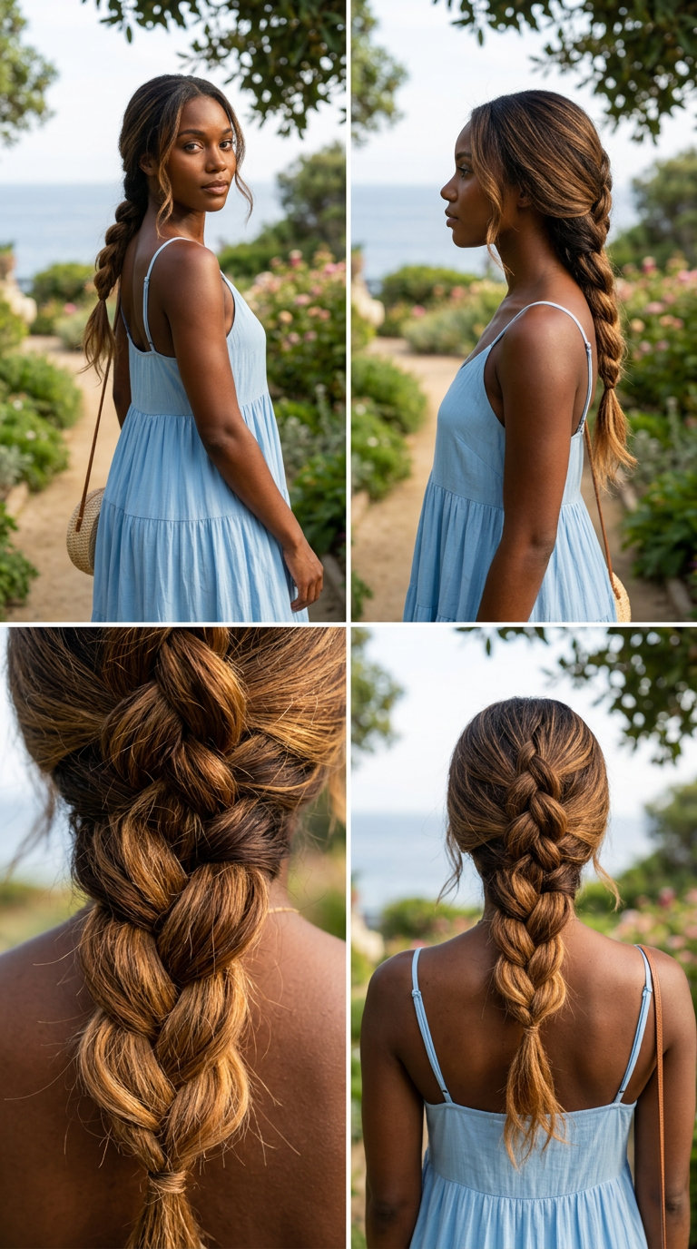 long warm caramel ombré pull-through braid with textured layers and face-framing tendrils for summer