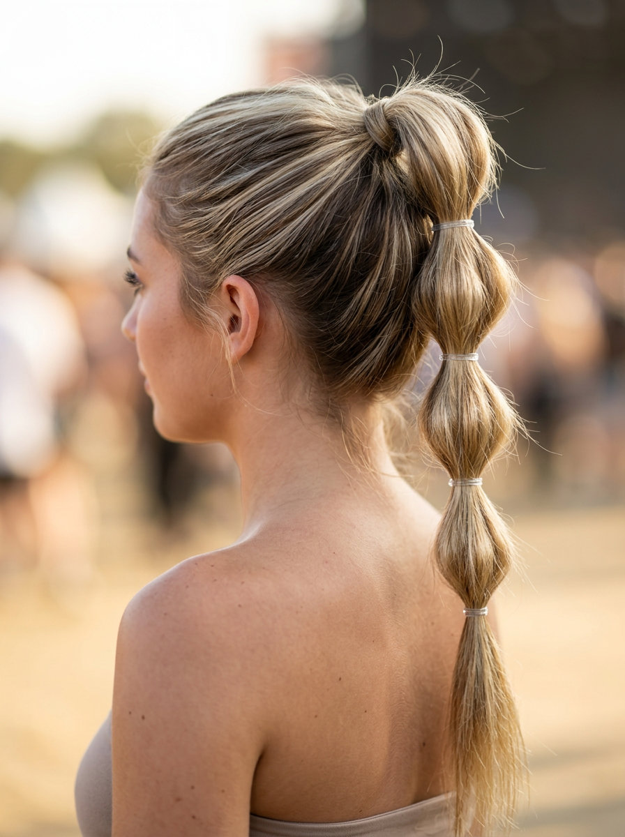 long caramel ombre bubble ponytail with sun-kissed blonde ends for summer