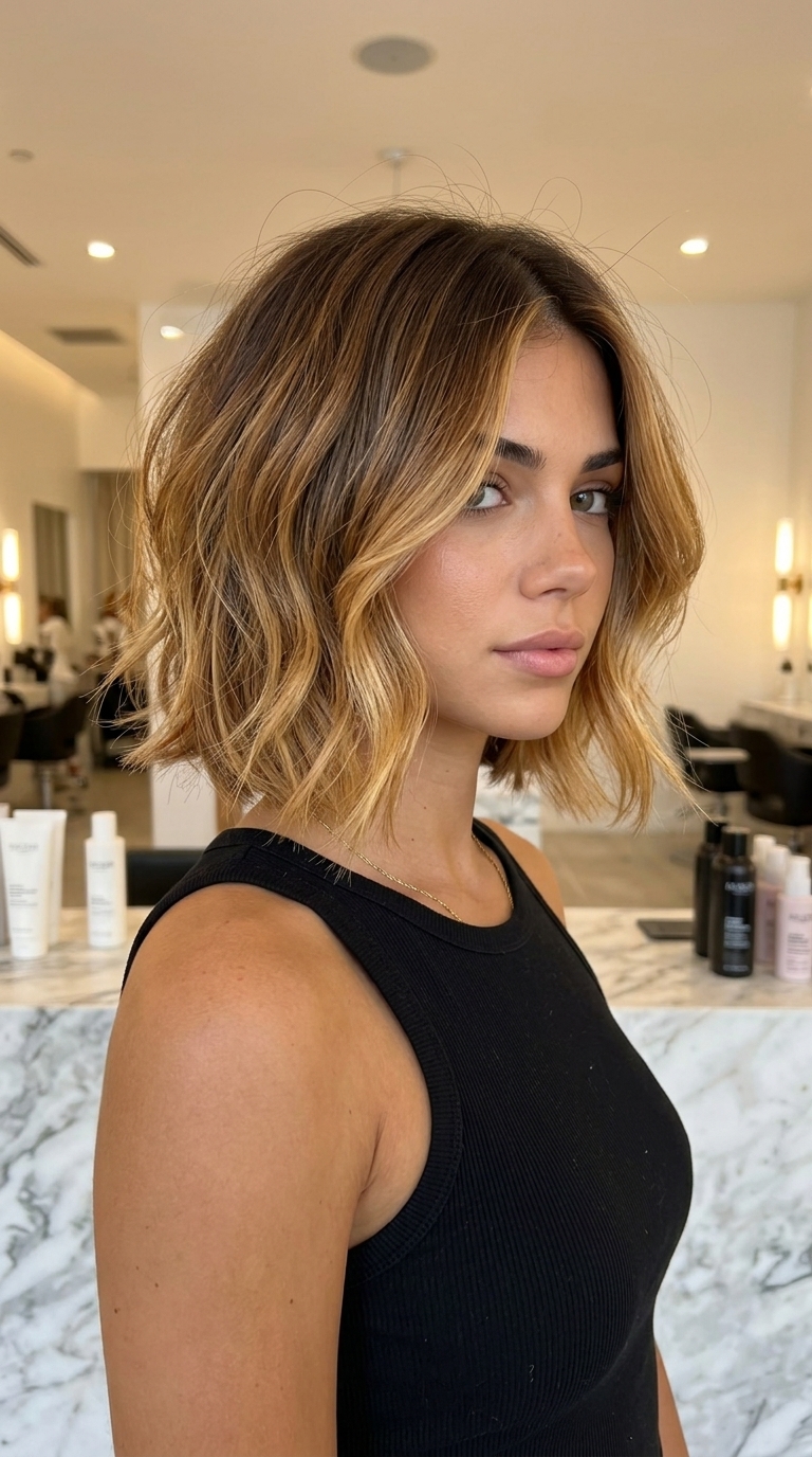 short razor bob haircut with caramel ombré, soft layers and face-framing pieces for daily wear
