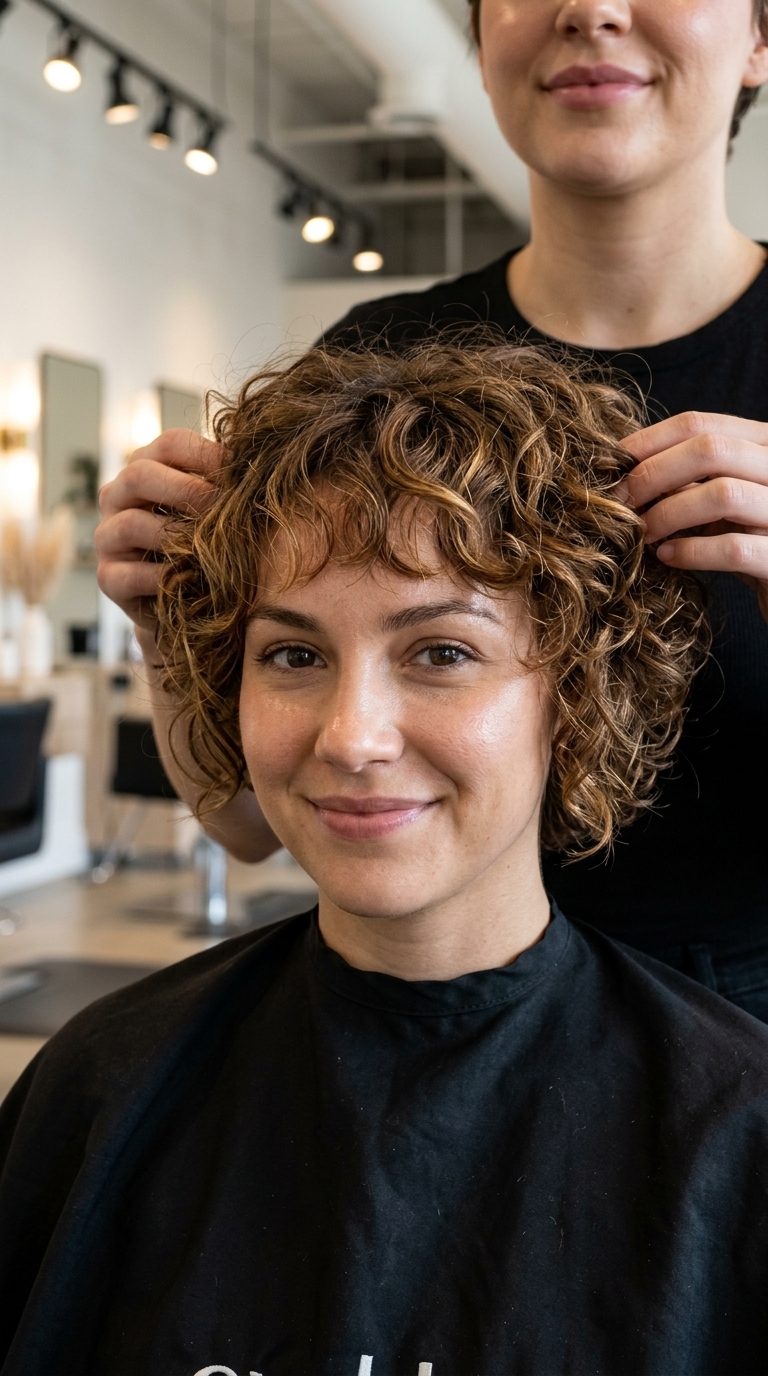 Sweet Caramel Curly Pixie 2026: Babylights short curly pixie haircut with caramel brunette, golden babylights and wispy bangs for brunch