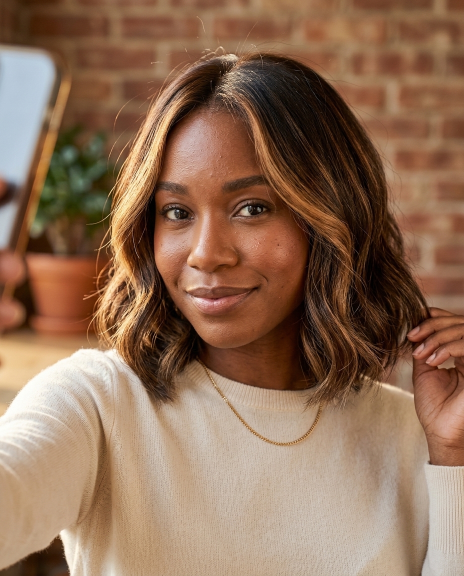 shoulder-length caramel balayage bob with curtain bangs, face-framing highlights for brunch
