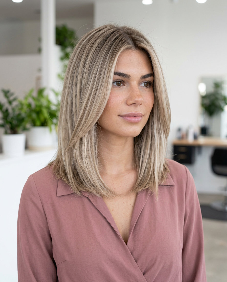 shoulder-length chai tea blonde haircut with vanilla and ash tones, babylights, and root smudge — sophisticated