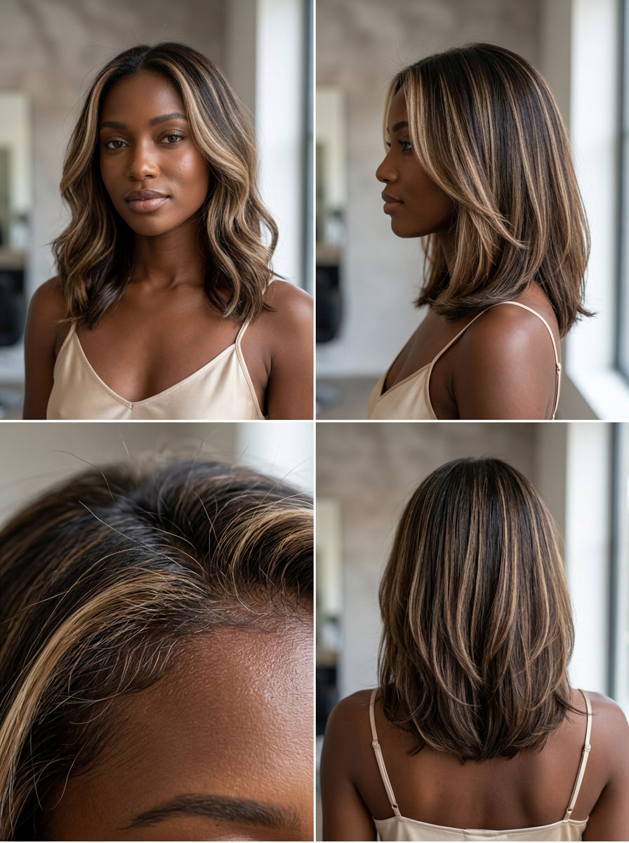 long champagne blonde babylights with creamy vanilla and soft gold, micro-fine highlights — summer wedding guest