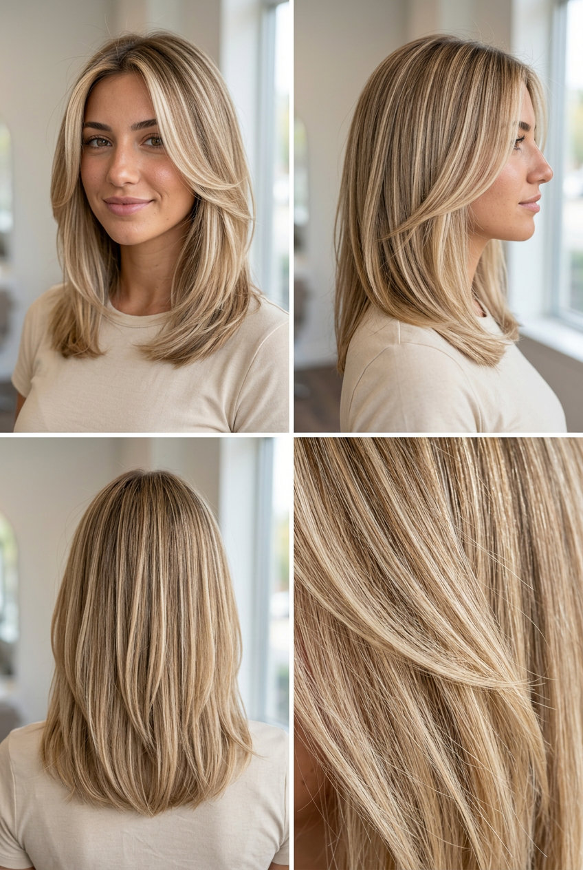 long layered hair with champagne blonde babylights and creamy vanilla tones for summer