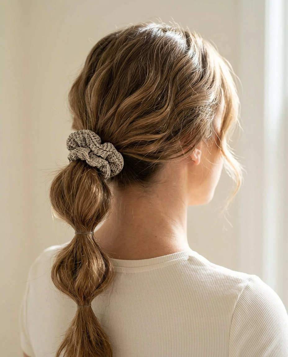 medium cherry cola brunette bubble pony with scrunchie for playful summer festival