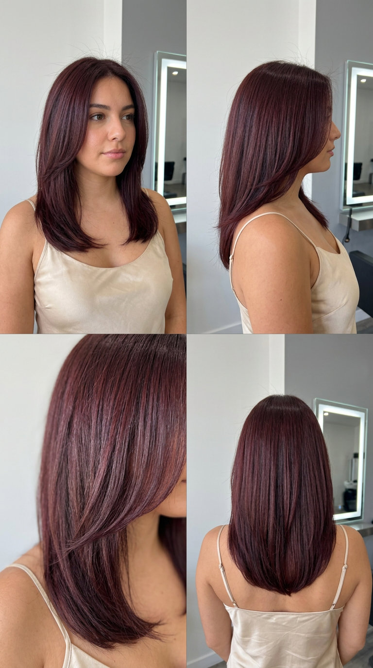 long cherry cola brunette hair color with layers, face-framing pieces for festival