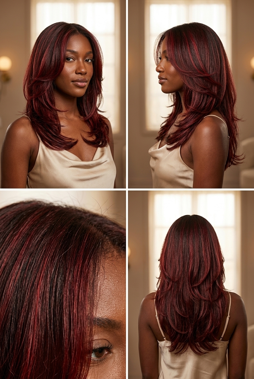 long layered haircuts with cherry cola & red highlights, cascading layers, sweeping bangs — sultry glamorous