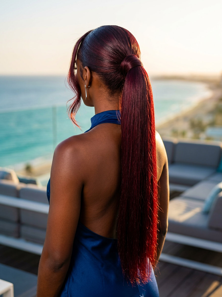 Cherry Cola Power Pony Cut 2026 long one-length blunt cut in deep cherry cola with red/violet undertones, sleek finish for summer events