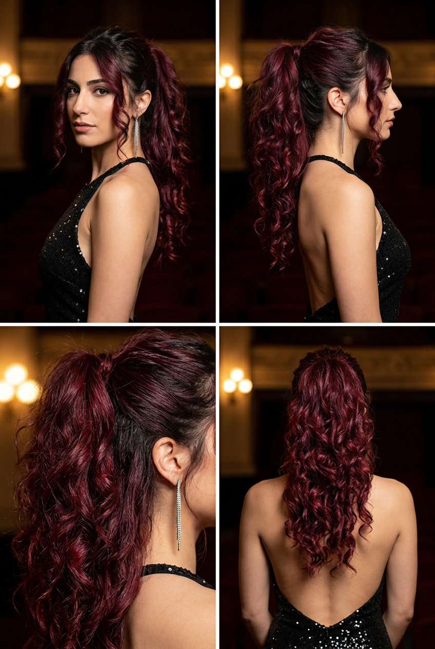 long heavily layered cherry cola curly ponytail with violet undertones for summer 2026