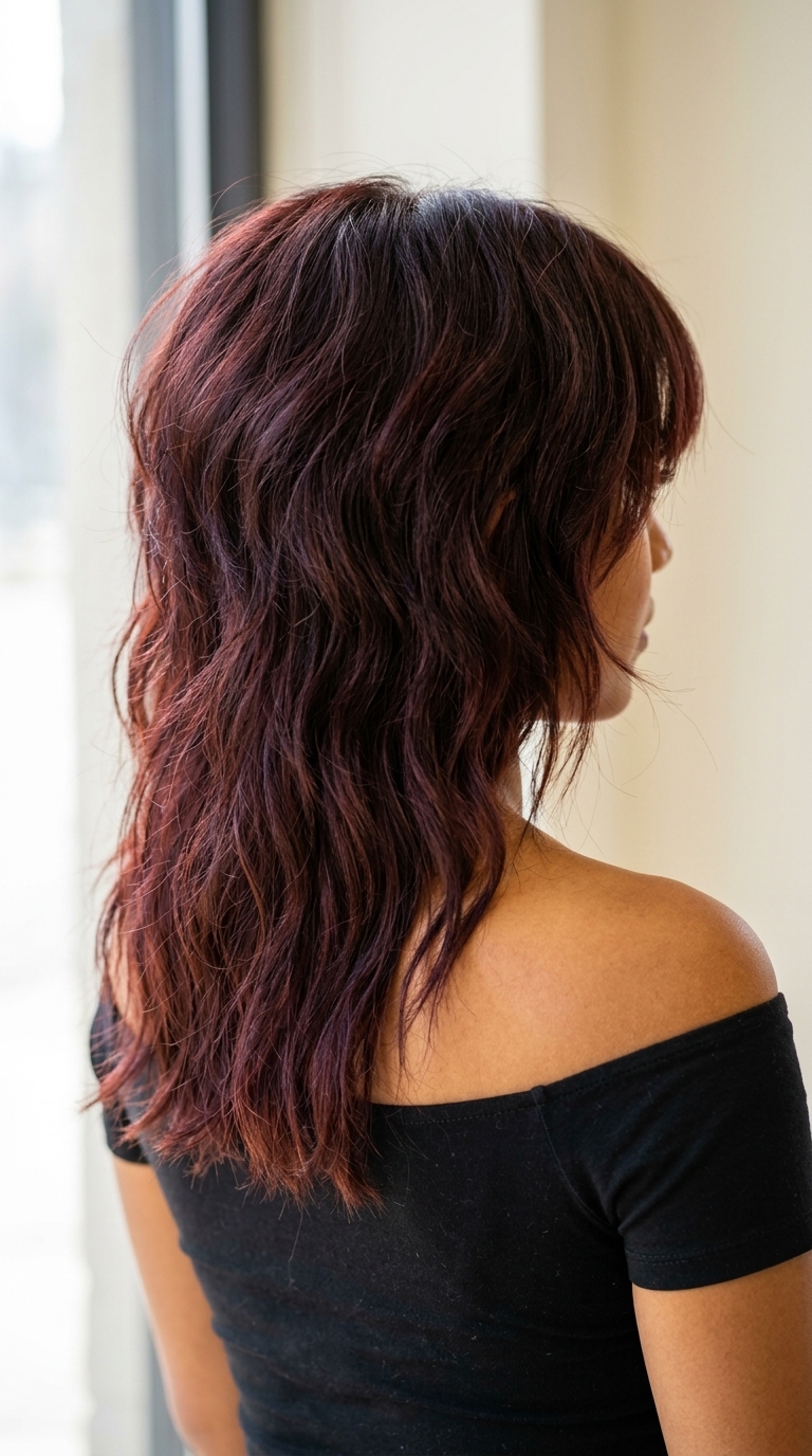 medium shag wavy haircut in cherry cola red with choppy layers and wispy bangs — retro concert style
