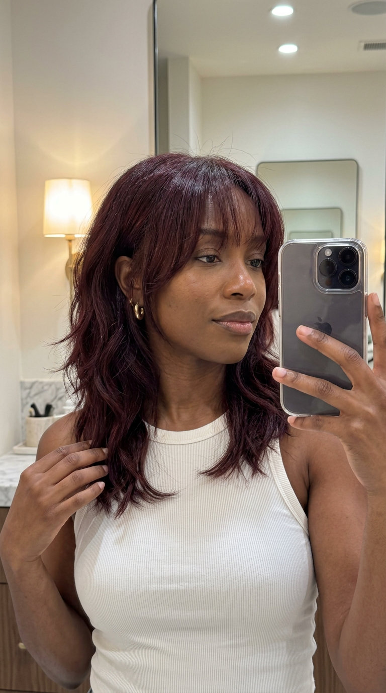 medium shag wavy haircut in cherry cola red with face-framing layers and wispy bangs — bold festival style
