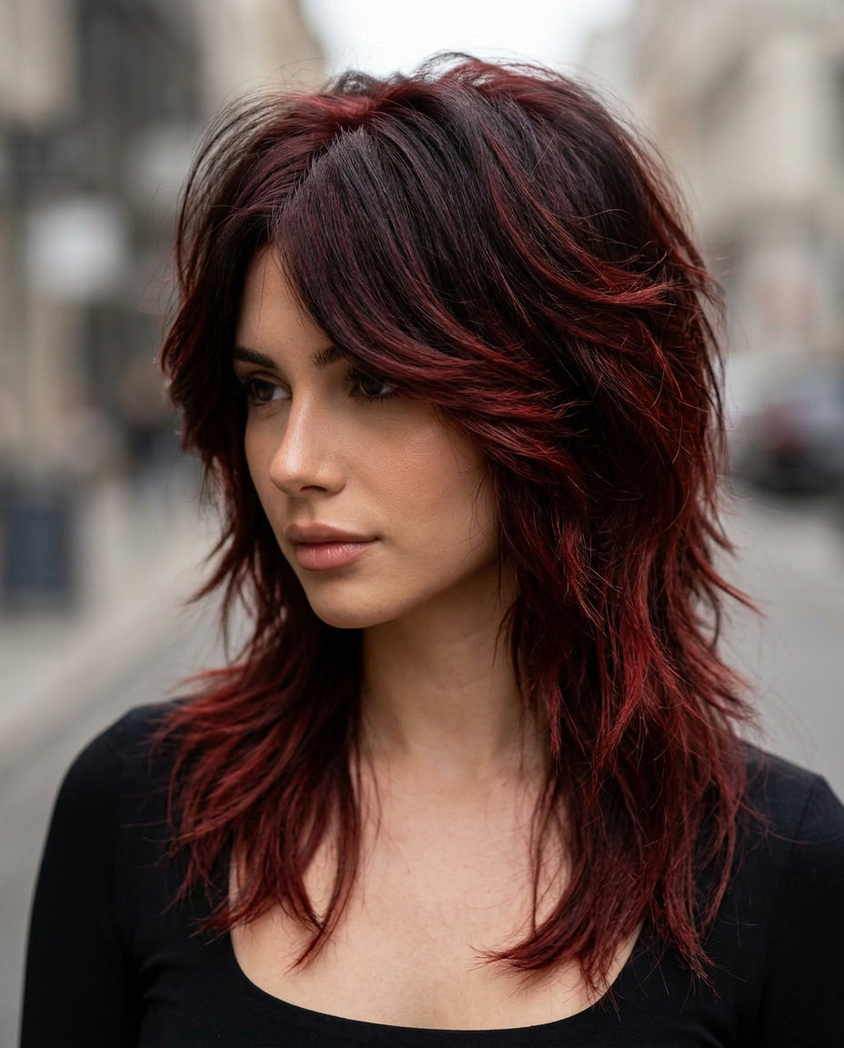 Cherry Cola Wolf Cut 2026: Retro Glam medium cherry cola wolf cut with violet-red overlay, choppy layers, short punk fringe — retro