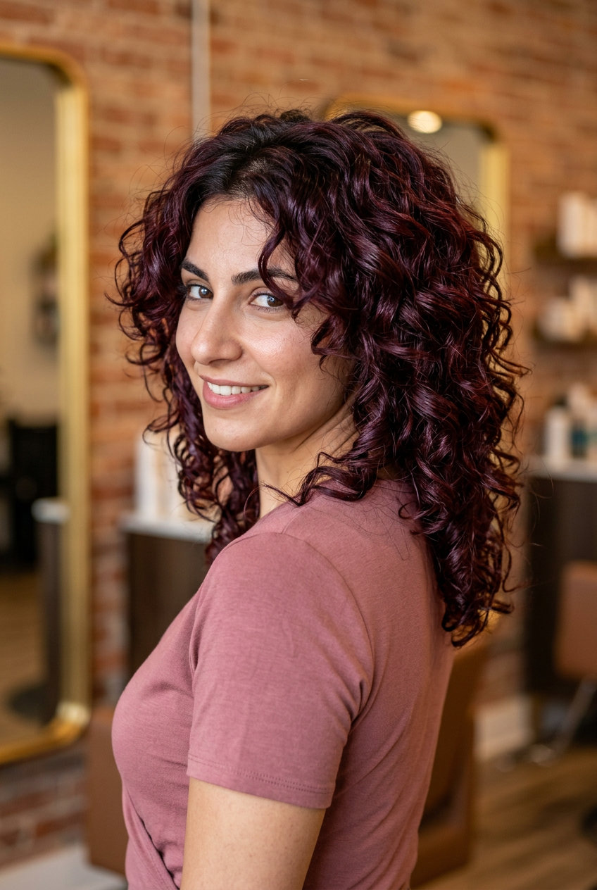 Cherry Cola Wolf Cut 2026 medium layered wolf cut in cherry cola red with violet undertones for date night