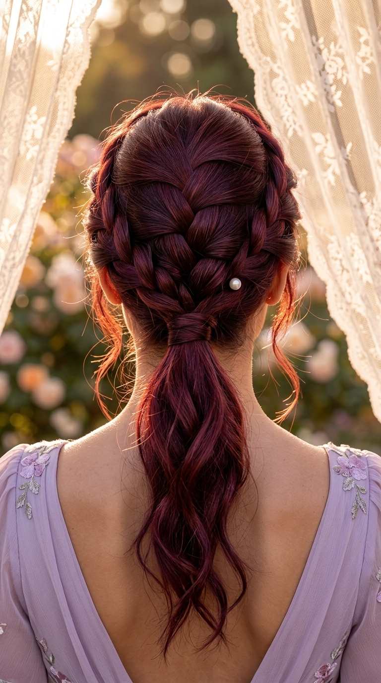 long cherry cola red ponytail with violet undertones and French braided accent for romantic garden parties