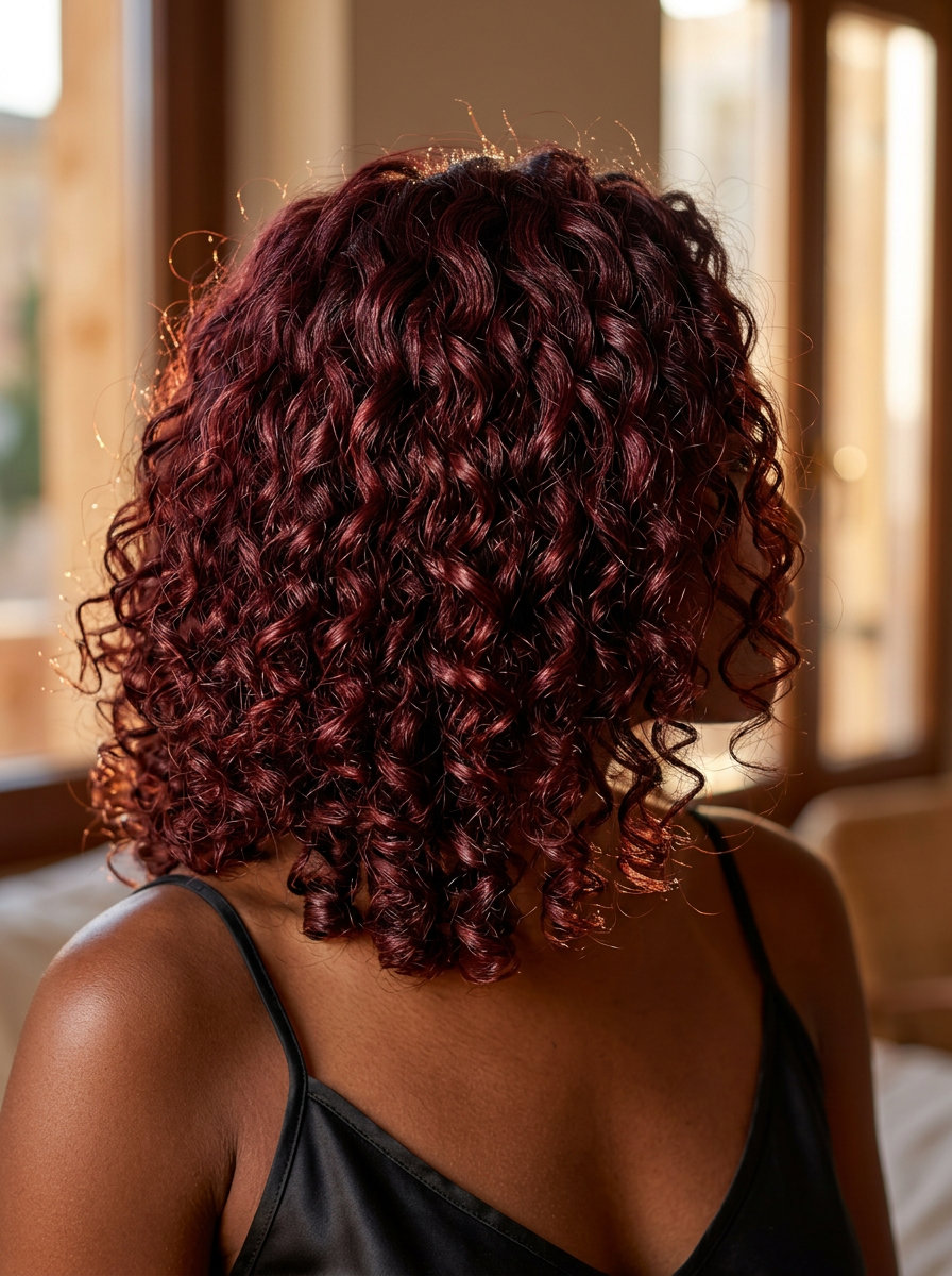 Cherry Cola Curly Lob for Summer 2026 shoulder-length curly lob with cherry cola red, blunt perimeter, deep side part — sophisticated summer