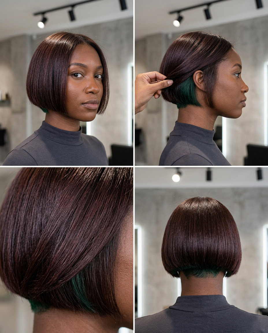 short french bob haircut with cherry cola brunette & green undercut, blunt perimeter — edgy sophisticated