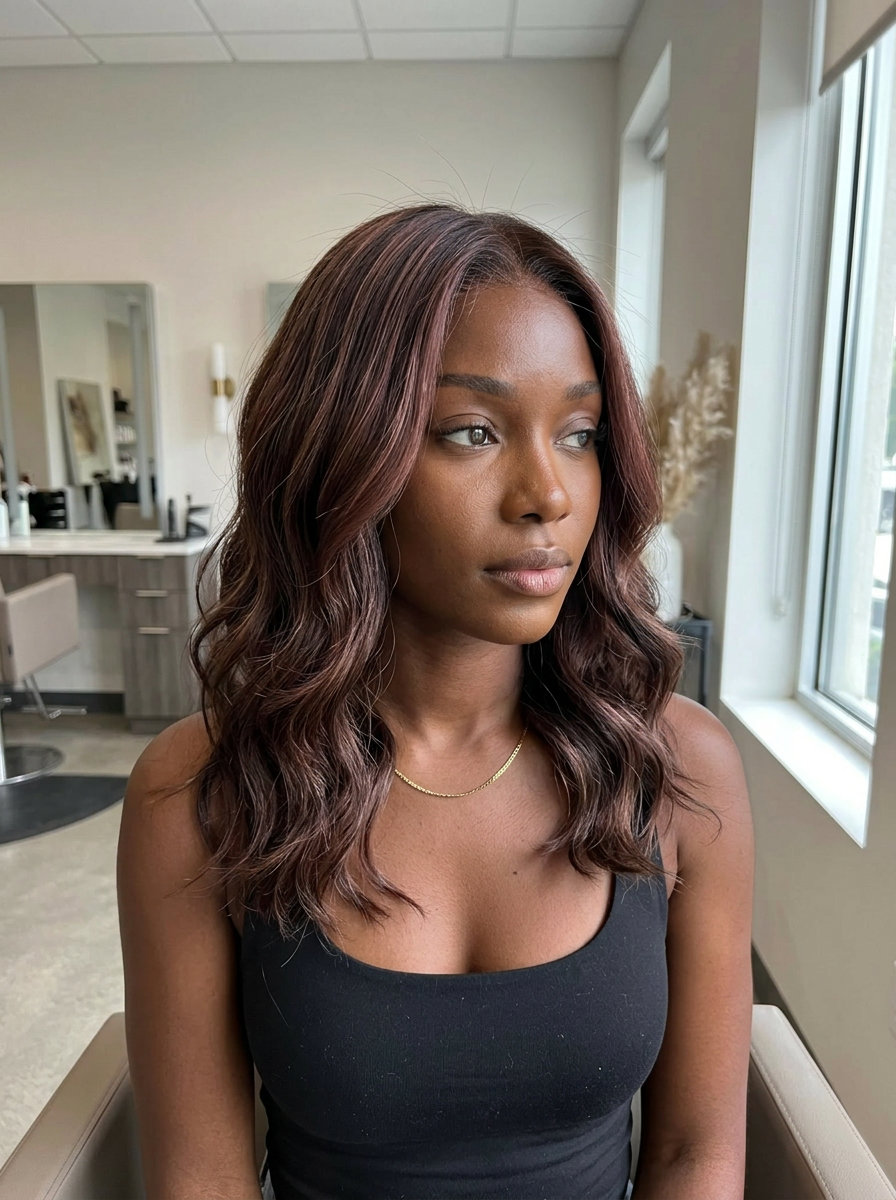 Cherry Mocha Crown Highlights 2026 long layered mocha espresso hair color with cherry mocha highlights, micro-foilyage, romantic mood
