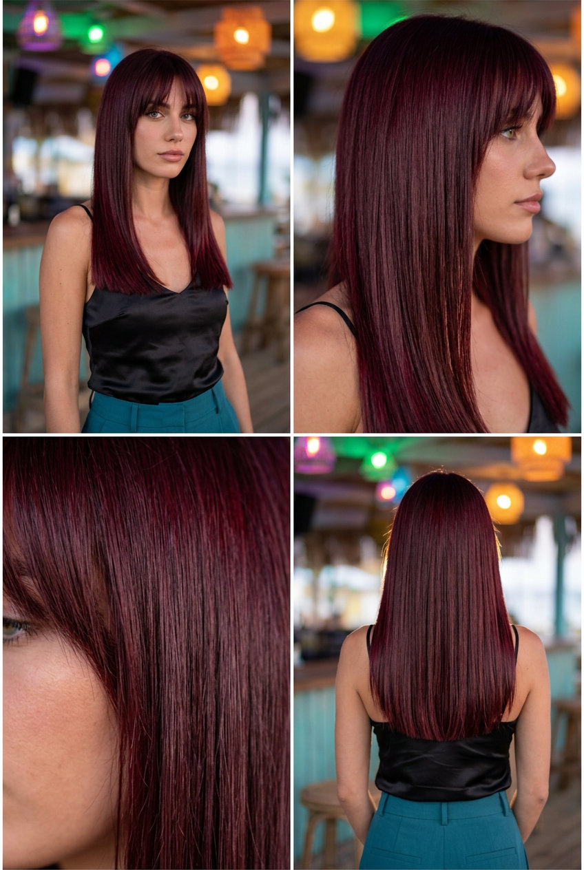 Retro Cherry Fringe Hairstyle 2026 long blunt cut with deep cherry red, violet undertones, wispy fringe — vampy retro date night