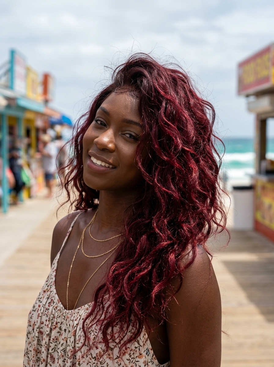 Midnight Cherry Beach Waves 2026 long deep cherry red waves with sea salt spray for summer