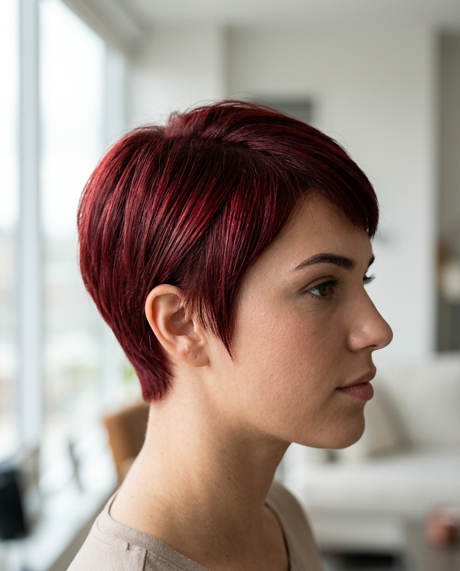 very short blunt pixie haircut in deep cherry cola red with violet undertones, blunt micro-fringe for bold nights