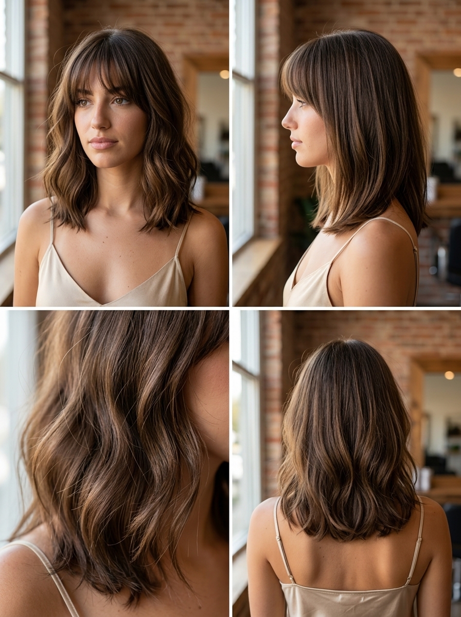 Parisian Fringe Lob Haircut 2026 medium lob with soft layers and brow-skimming fringe in chestnut brown, effortless chic