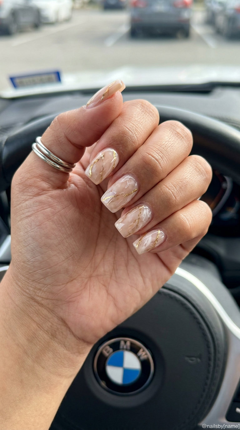 Chic Nude Marble Gold nails: sophisticated nude with marble and gold foil for summer vibes nails 2026.