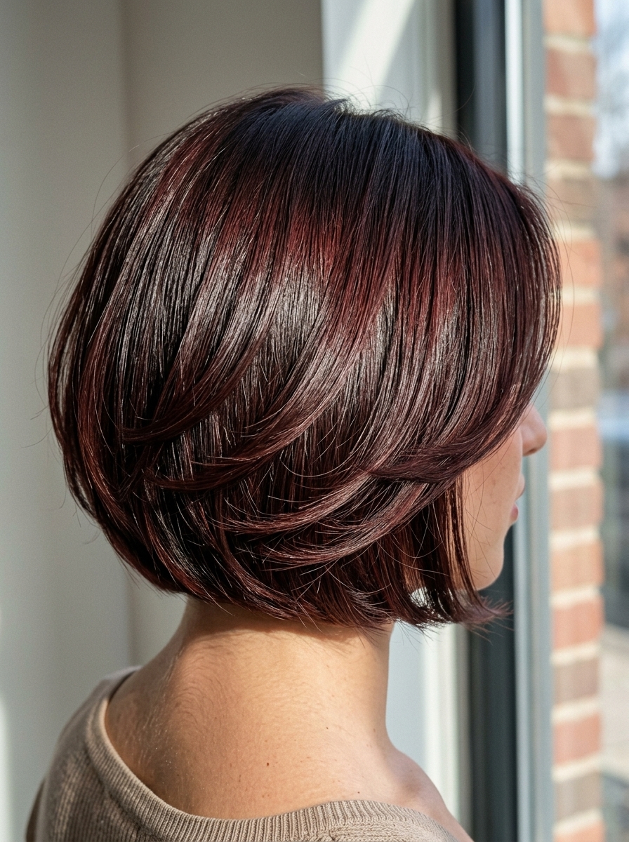 chin-length chocolate brown butterfly bob with cherry undertones and soft layers, blunt perimeter — chic, modern