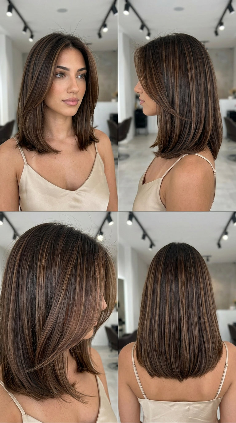 long chocolate brown highlights with espresso base, fine ribbons — sophisticated art gallery opening