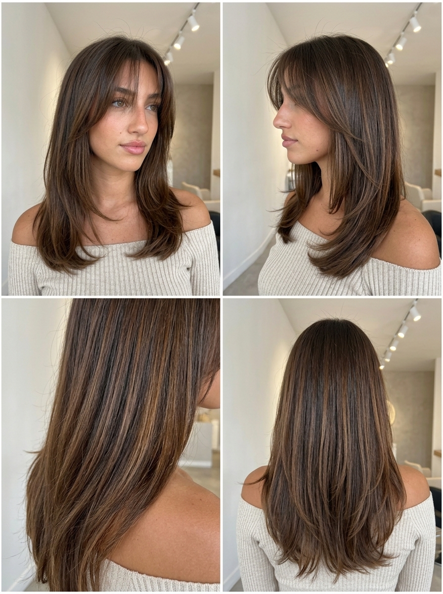 long chocolate brown haircut with caramel balayage and wispy Birkin bangs for summer 2026