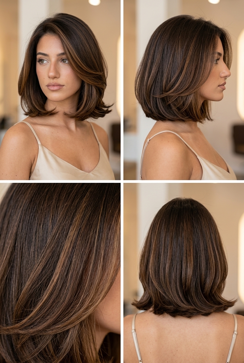 neck-length Italian bob haircut in chocolate brown with caramel lowlights for summer 2026