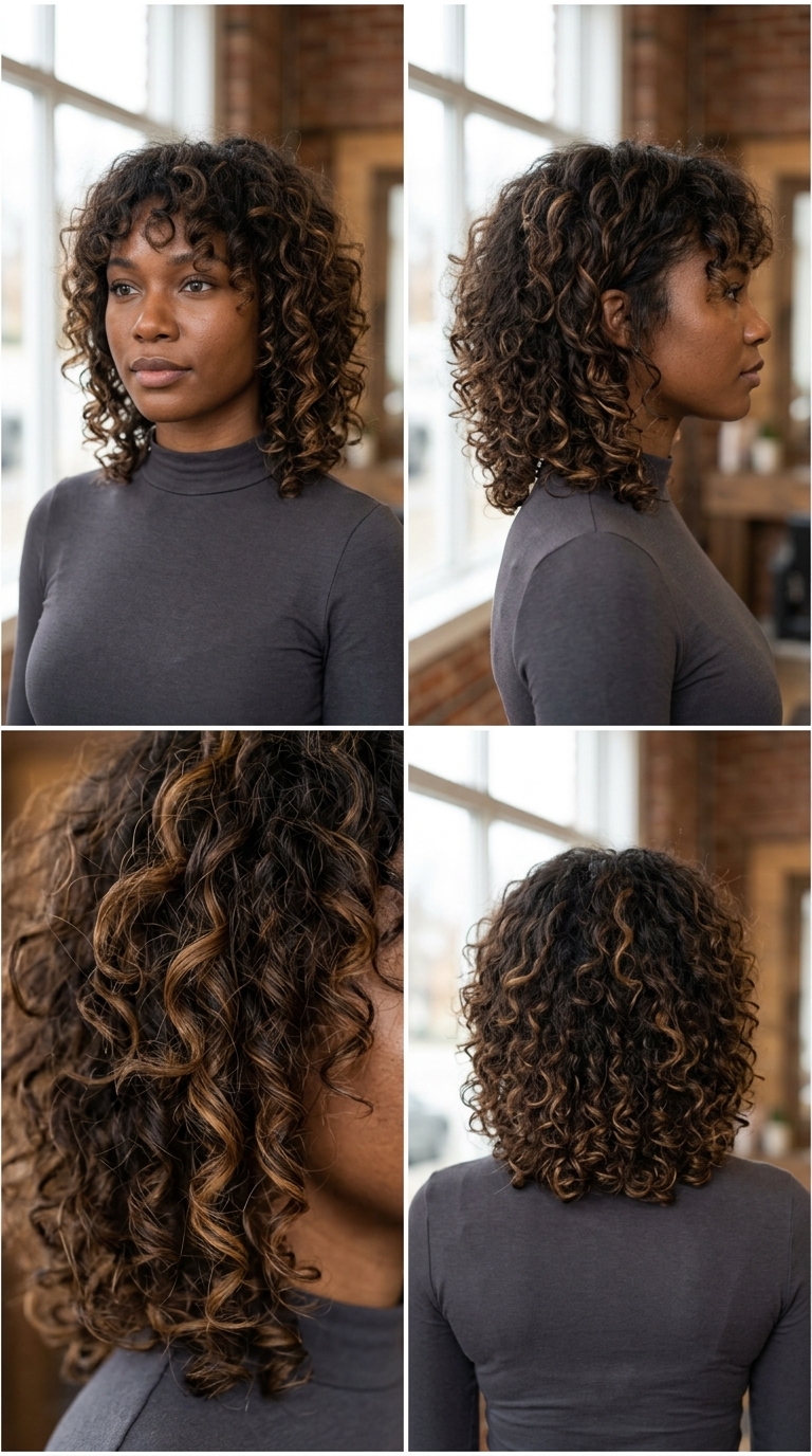 Voluminous Curl Shag Haircut 2026 shoulder-length chocolate brown shag with caramel balayage, curly fringe — bold natural