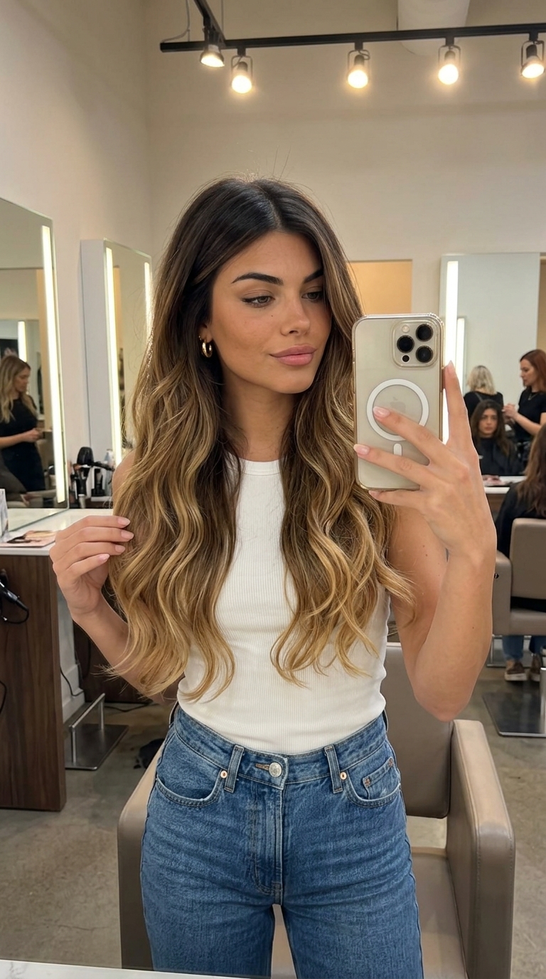 Bohemian Ombré Cascade: Summer Hair 2026 extra-long deep chocolate to caramel ombré haircut with long sweeping layers for summer