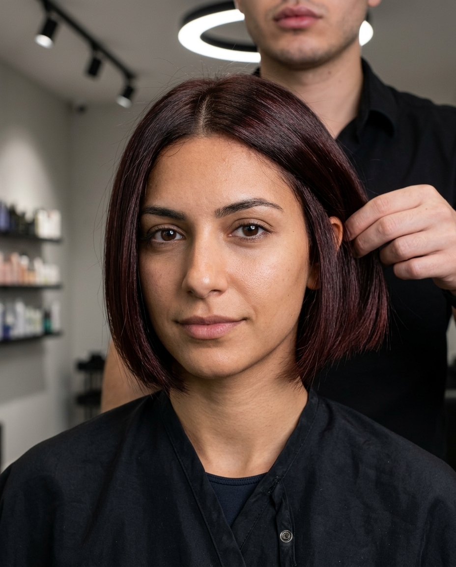 short razor bob haircut with chocolate cherry, glass-like finish, and tapered edge — luxurious