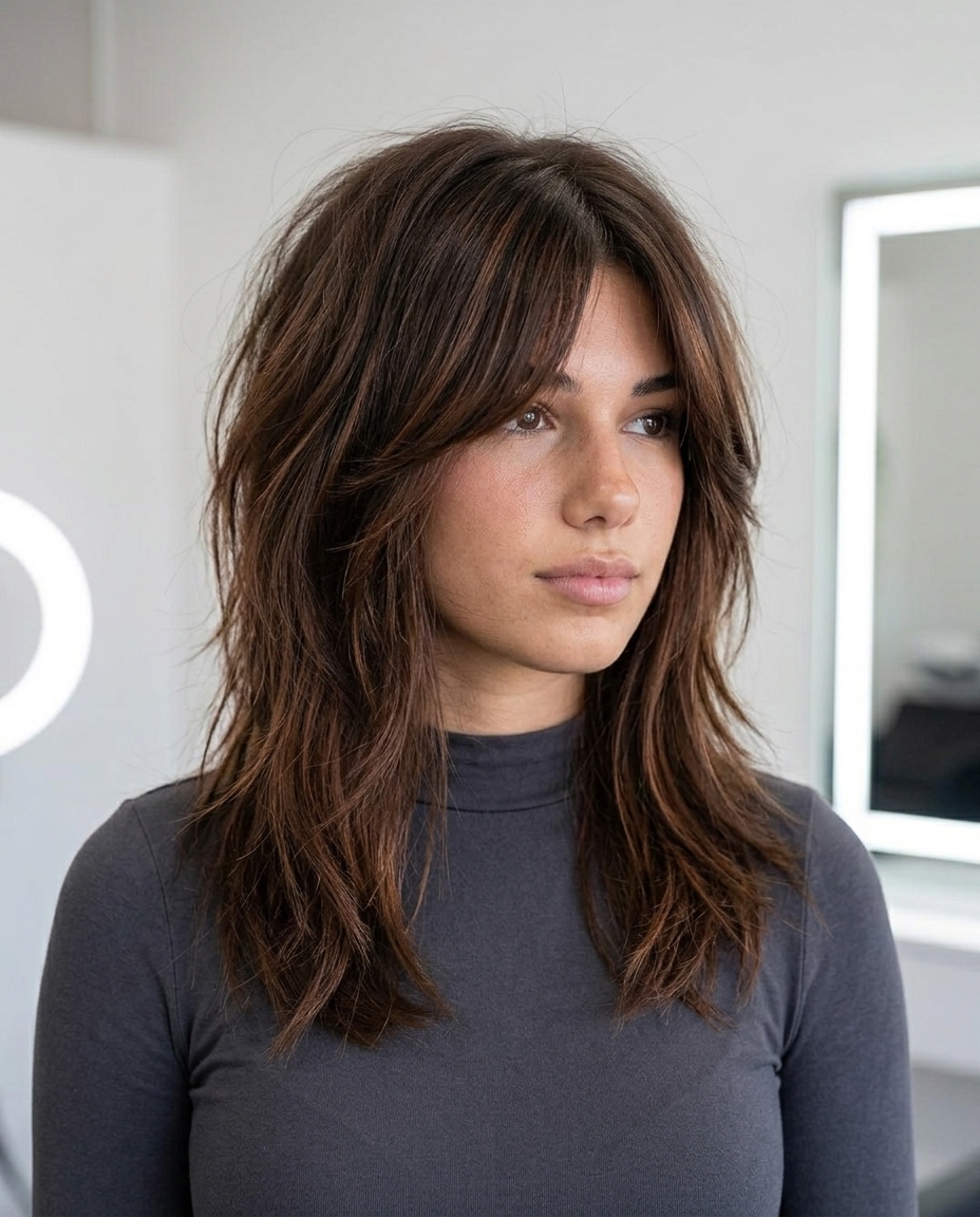 medium layered haircuts with chocolate brunette & copper flashes, choppy layers, curtain bangs — edgy boho