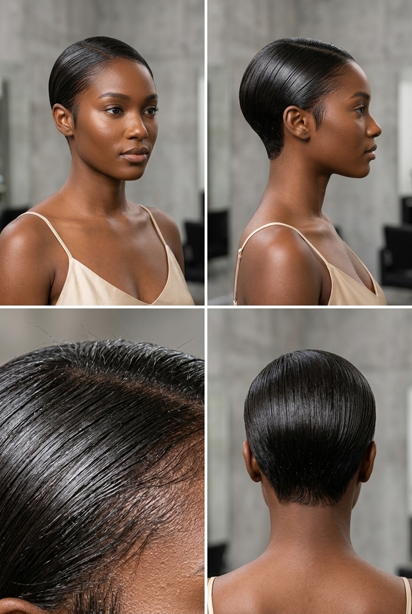 very short pixie haircut with clear shine, blunt cut texture, no fringe — sleek modern minimalist look
