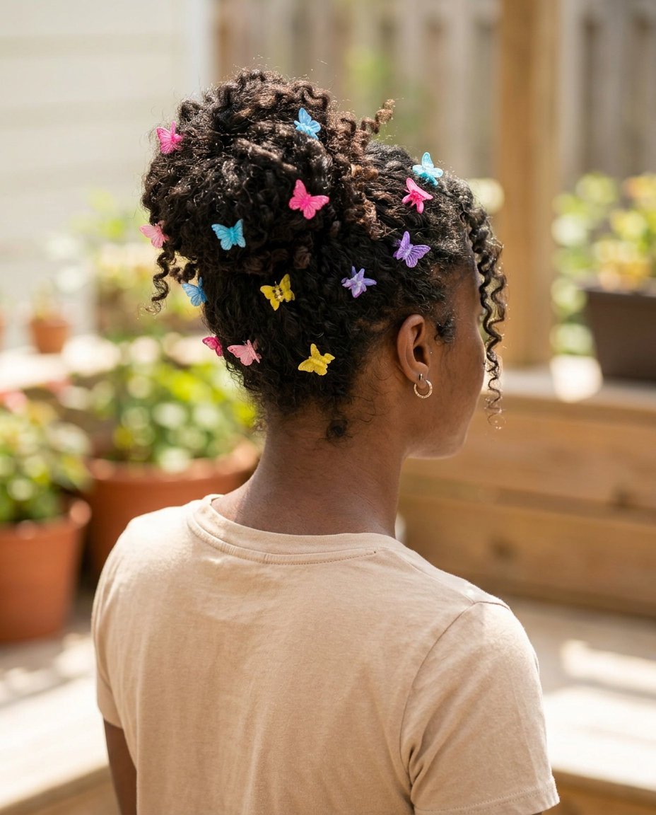 Textured Bun with Butterfly Clips 2026 long messy bun with colorful butterfly clips, textured strands, playful mood