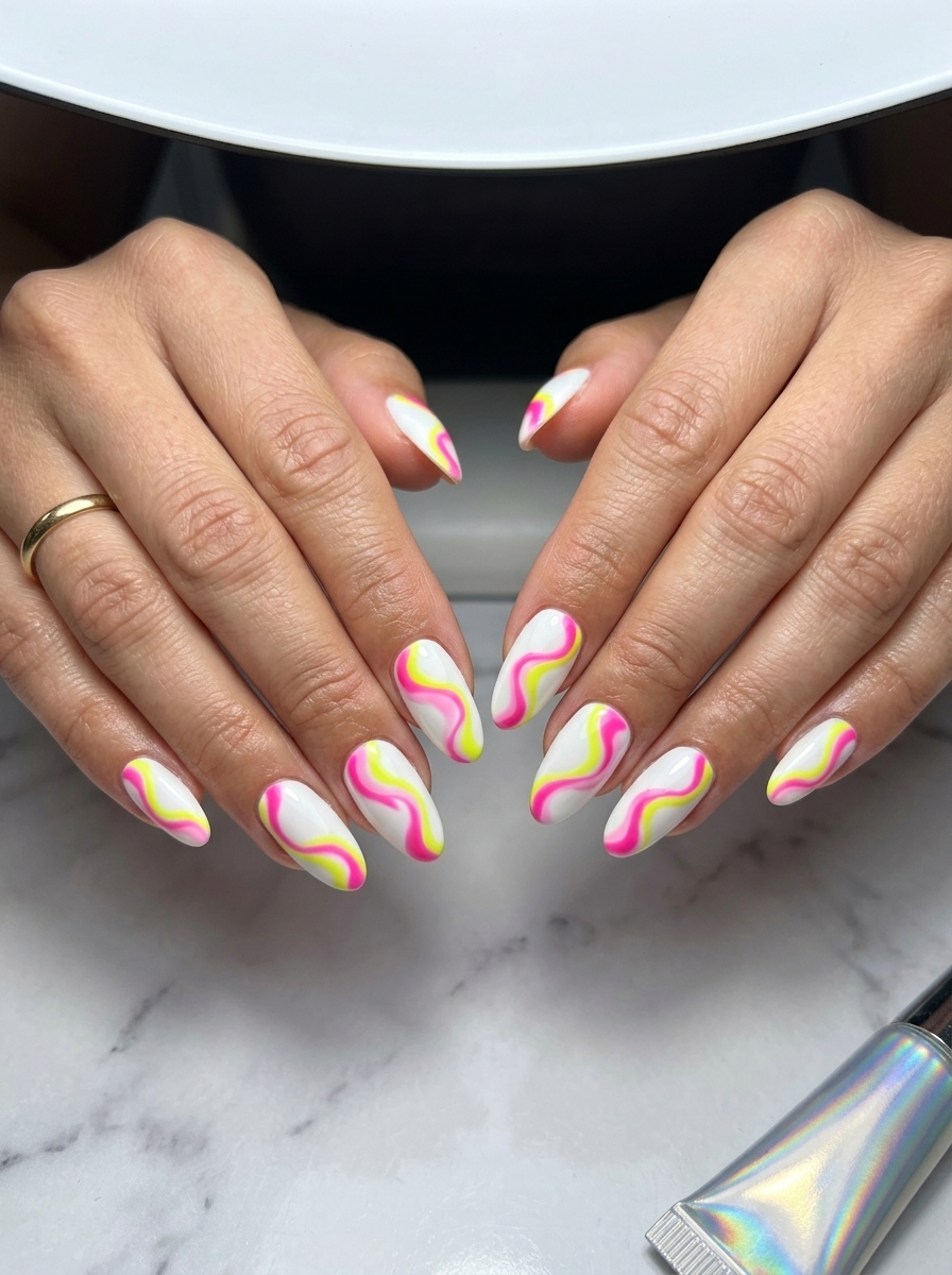 Vibrant hot pink and yellow abstract swirl nails for festivals. Colourful summer nails 2026.