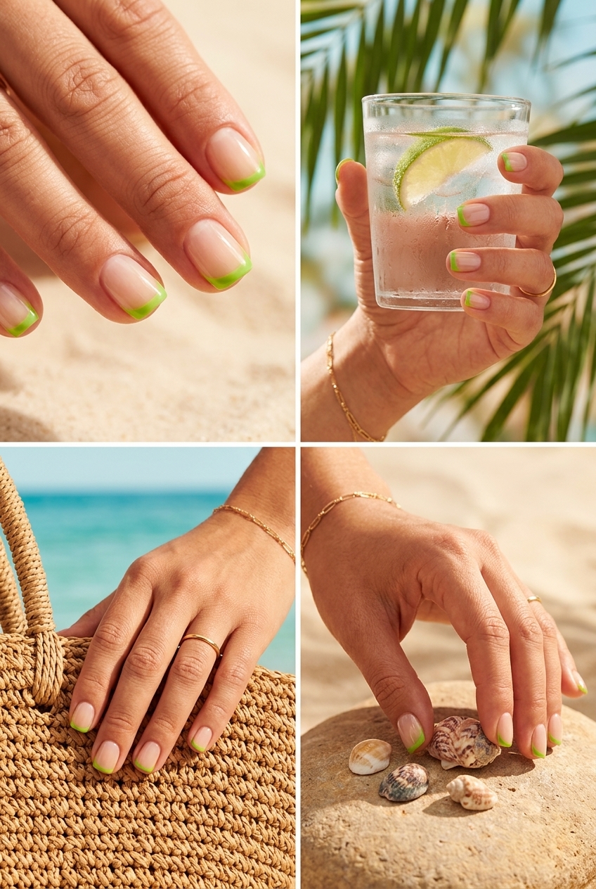 Zesty lime green micro French tips for colourful summer nails 2026. Perfect for casual wear.