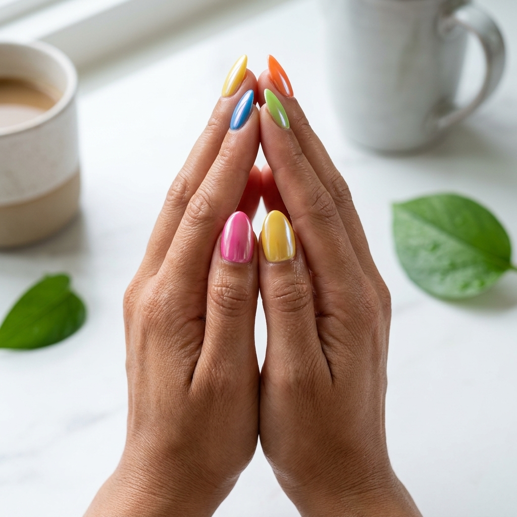 Vibrant multicolor abstract glazed donut nails for festivals. Colourful summer nails 2026.