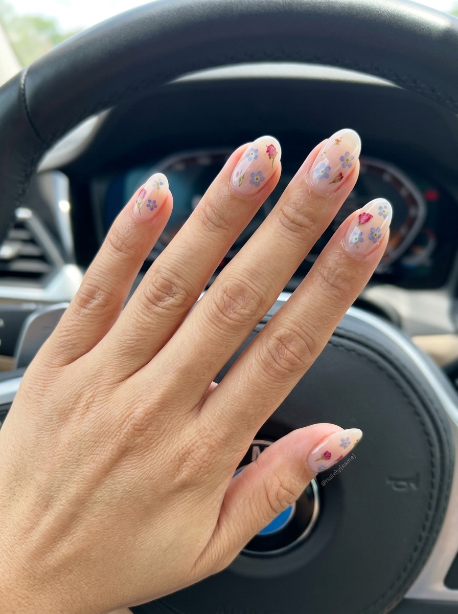 Nude Milky Bath Pressed Floral Nails: Sheer nude with delicate embedded flowers. Elegant for weddings & spa days.