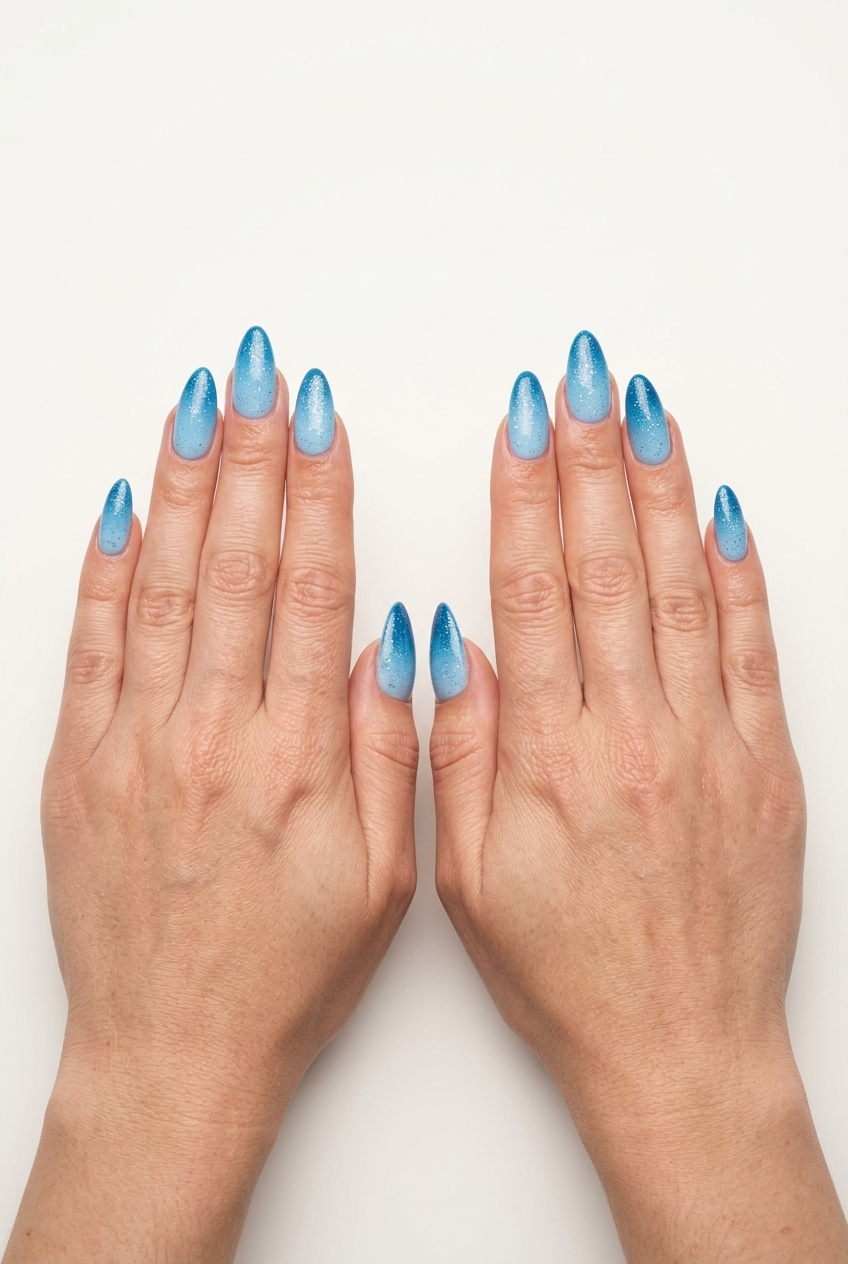 Oceanic Ombre Sparkle Nails: Blue gradient with glitter accents. Dreamy & calm for summer vacation.